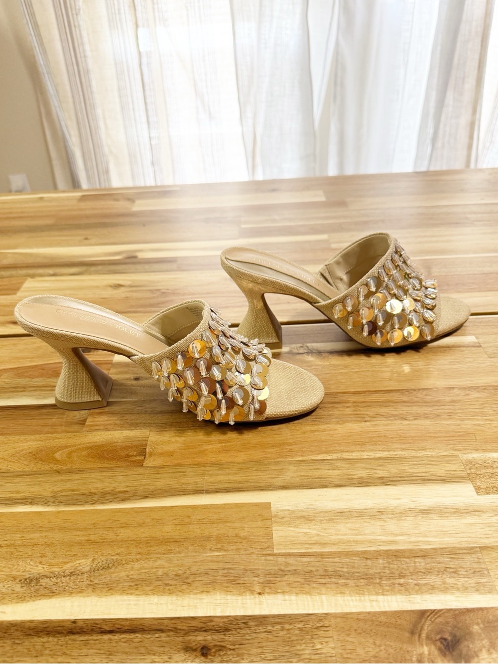 Chelsea & Violet Piperr Linen Ornamented Sequin Fringe Heeled Slide Sandals NEW - Picture 7 of 12